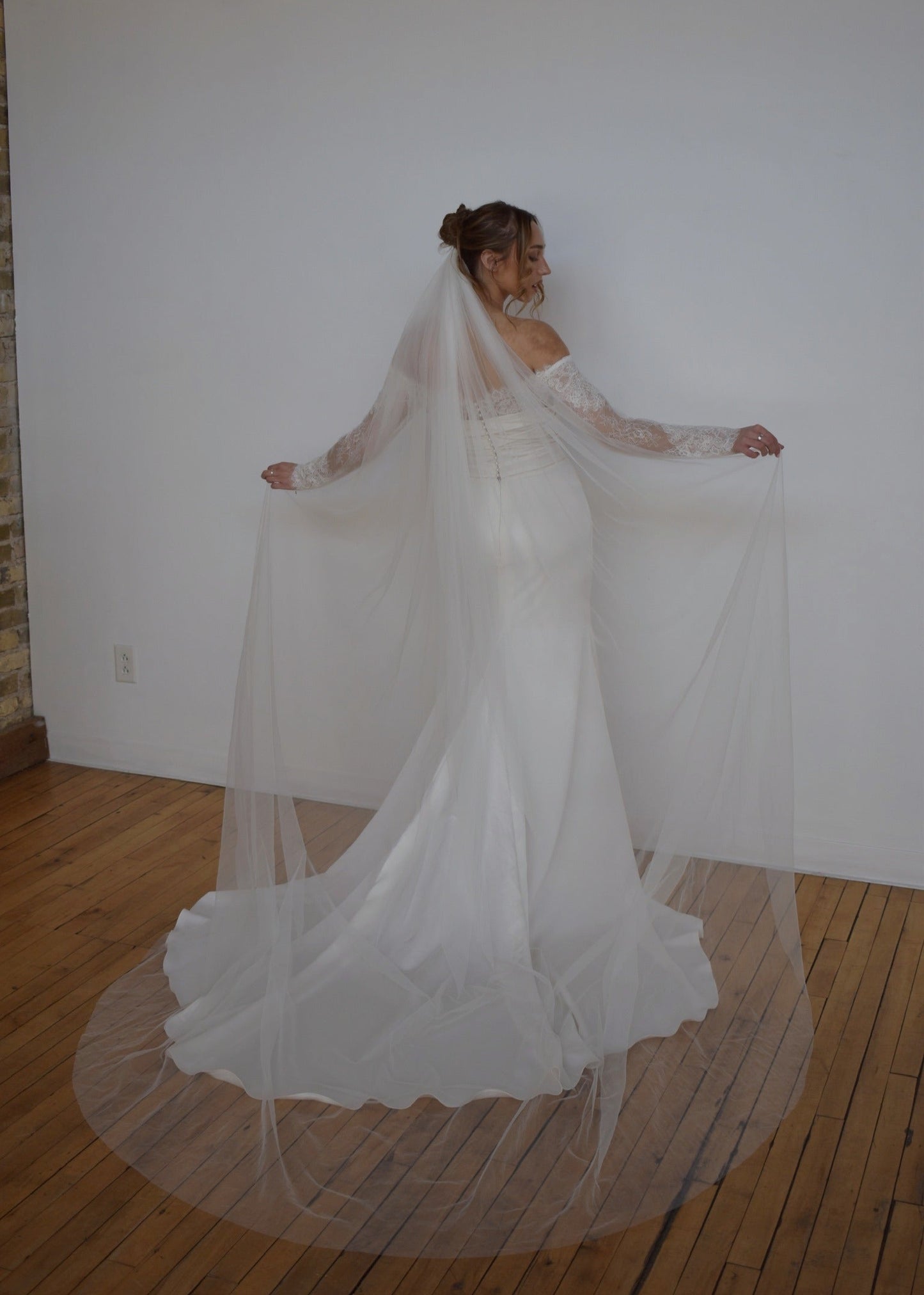 cathedral length tulle veil on fitted lace wedding dress
