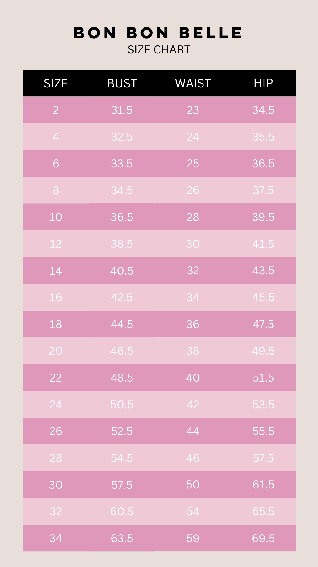 Size Chart Bon Bon Belle Shop