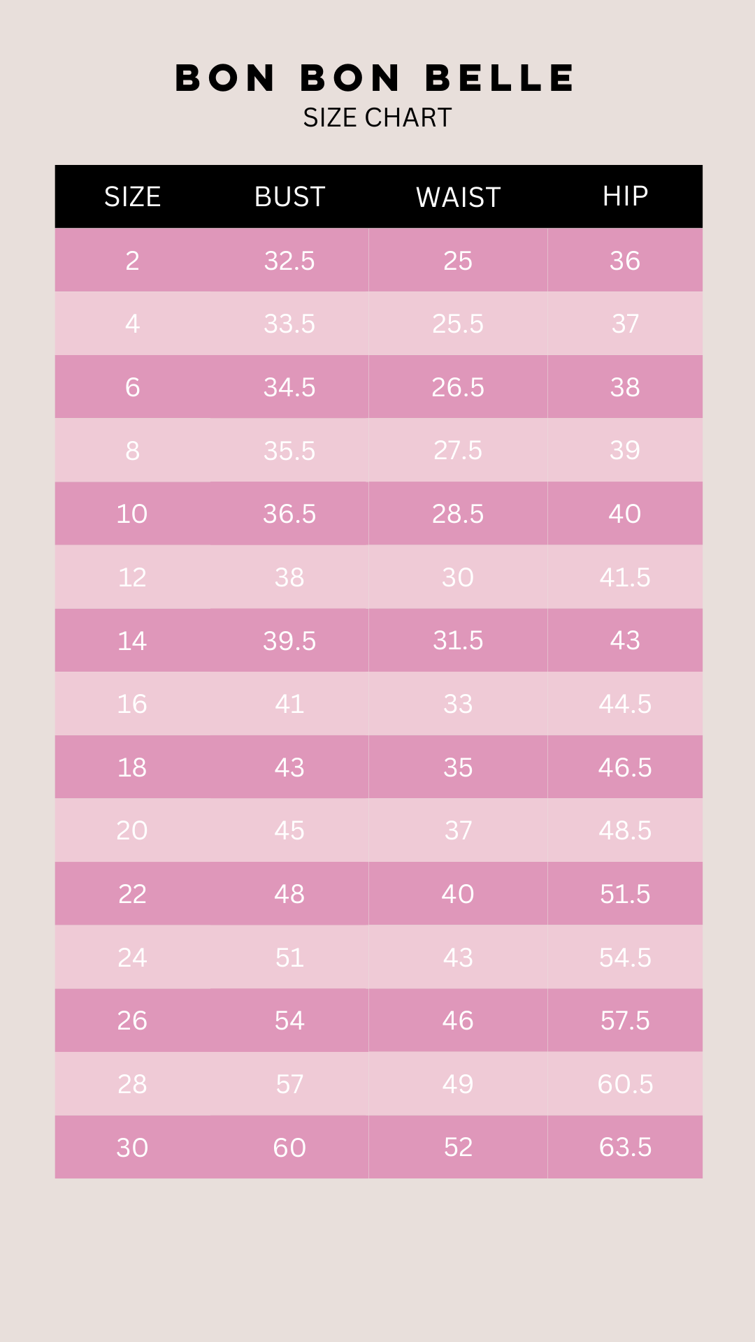 Size Chart Bon Bon Belle Shop