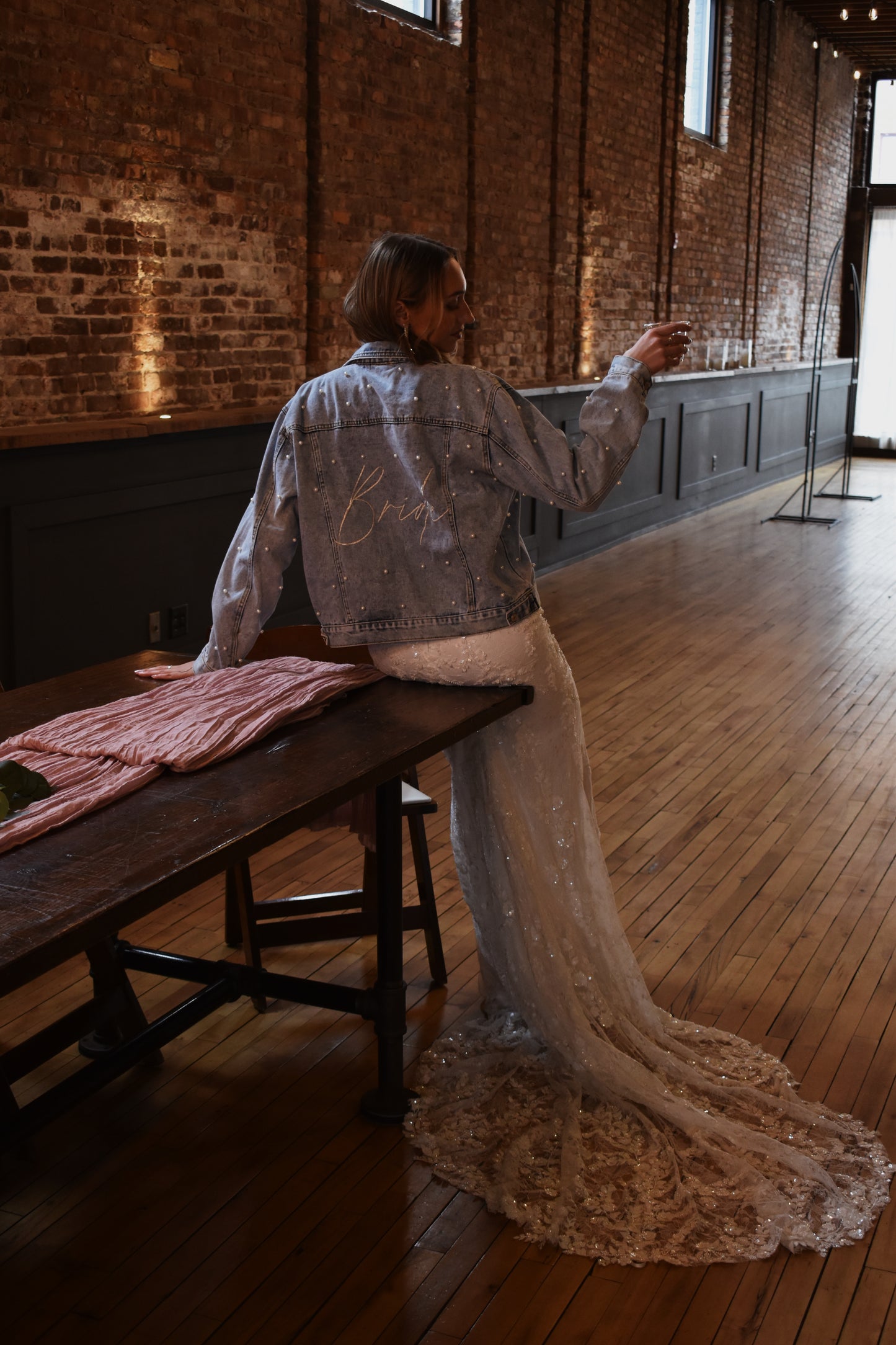 full pearl jean jacket for bride at wedding