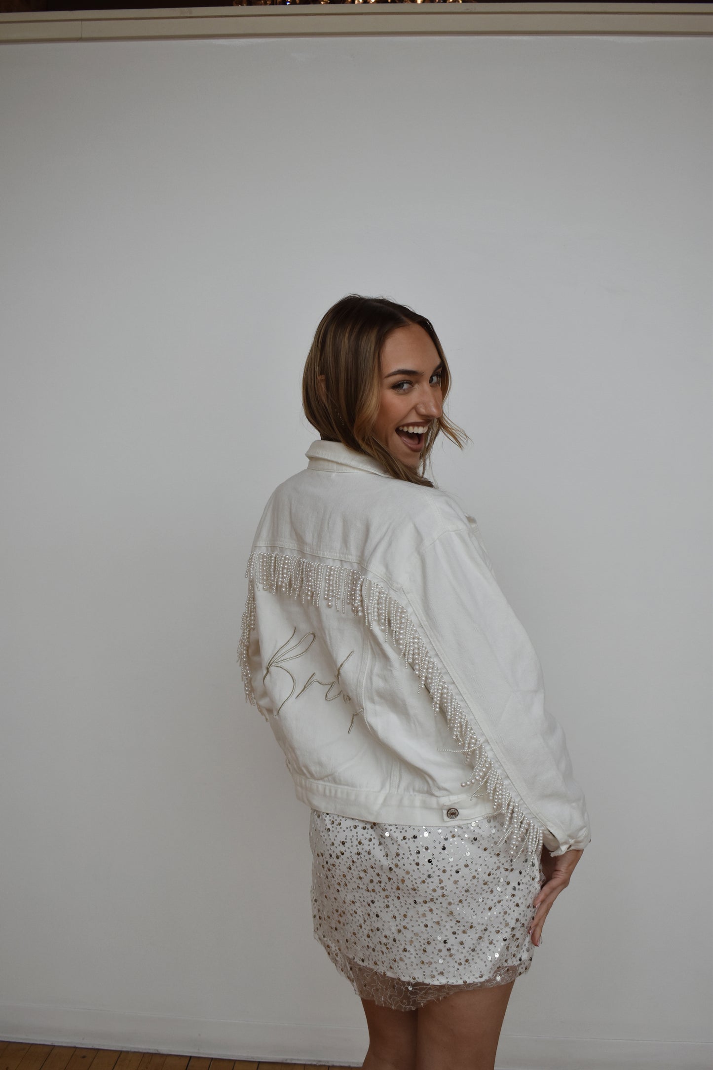 white pearl fringe jean jacket for bride