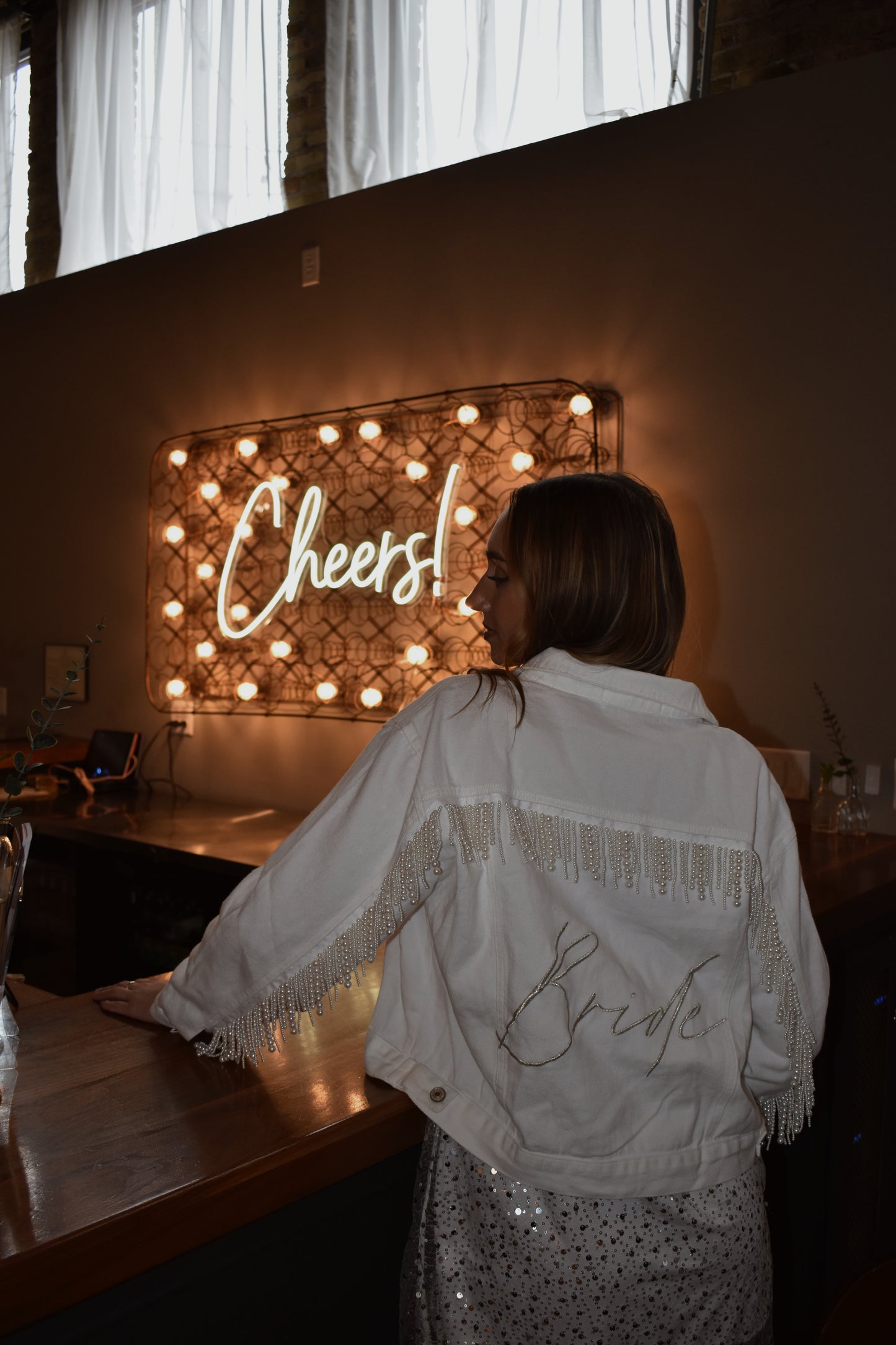 bride white jean jacket with pearl fringe
