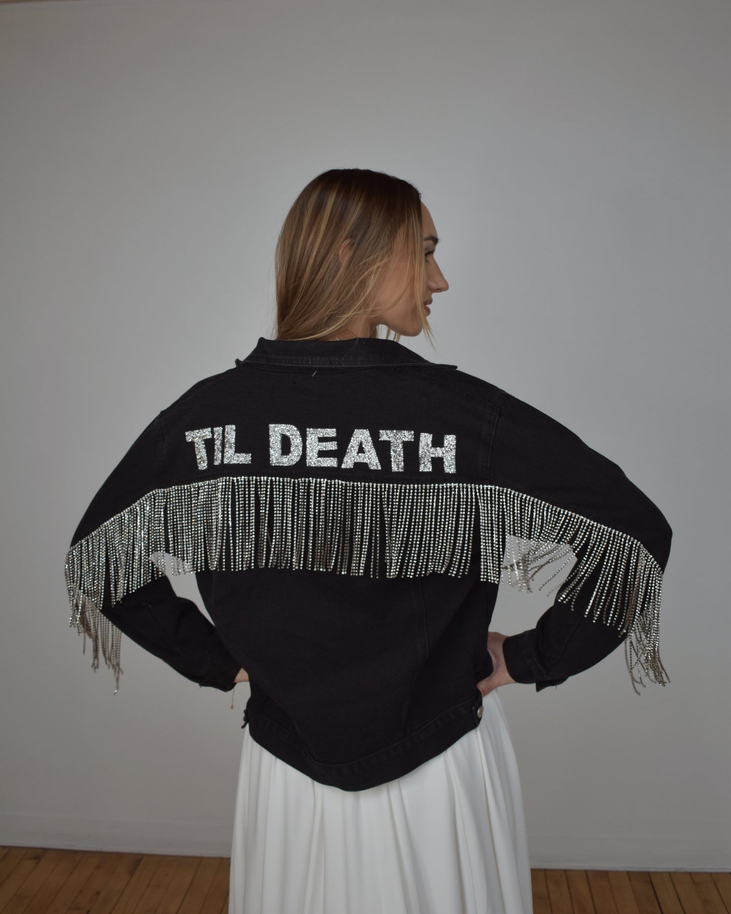 til death black denim jacket on bride