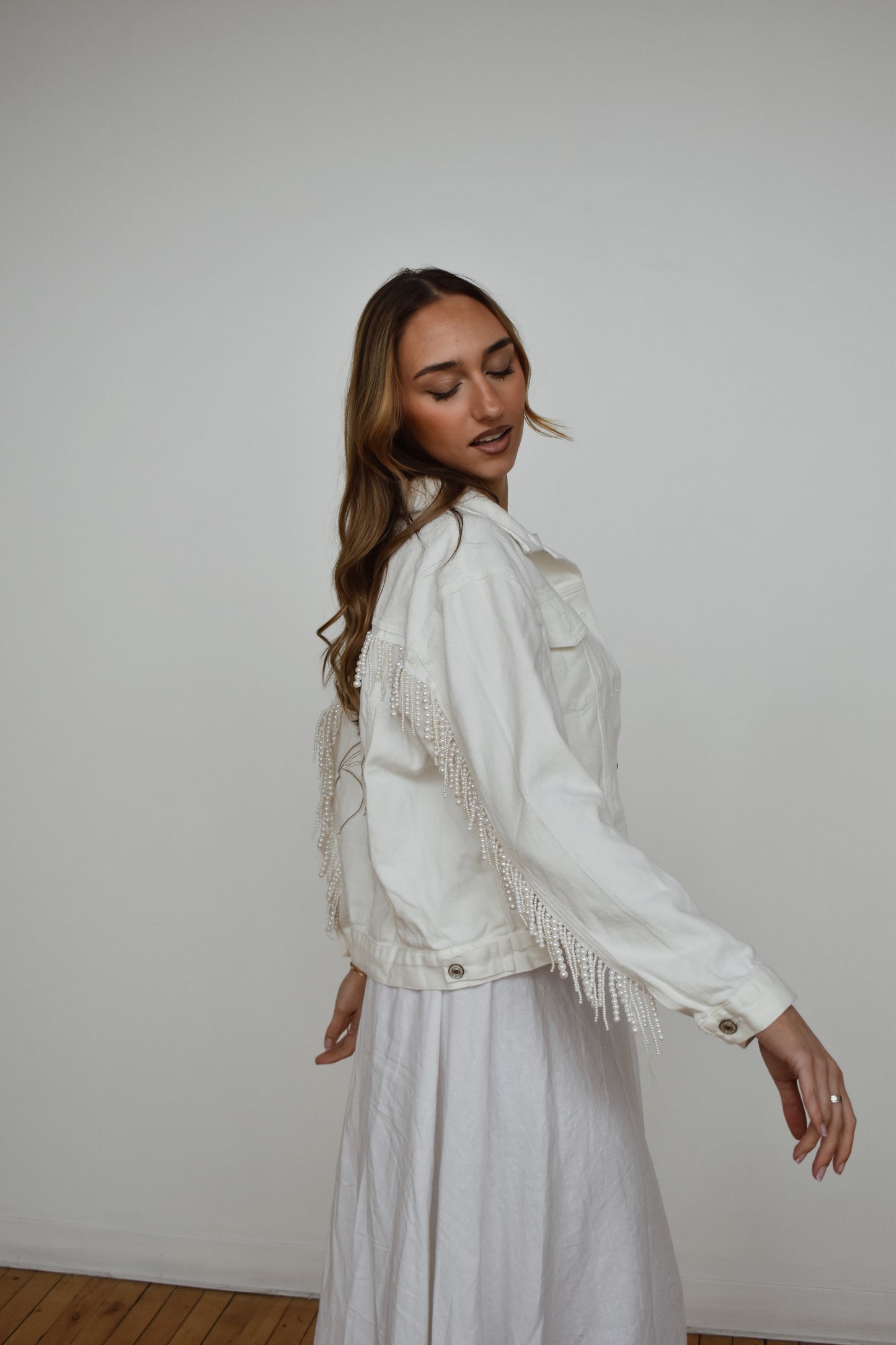 white pearl fringe jean jacket