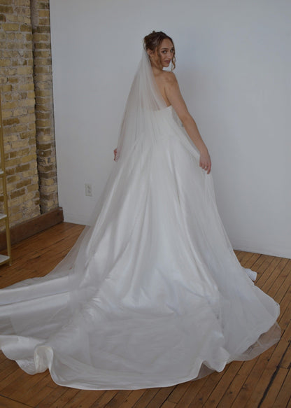 cathedral length tulle veil on a-line wedding dress