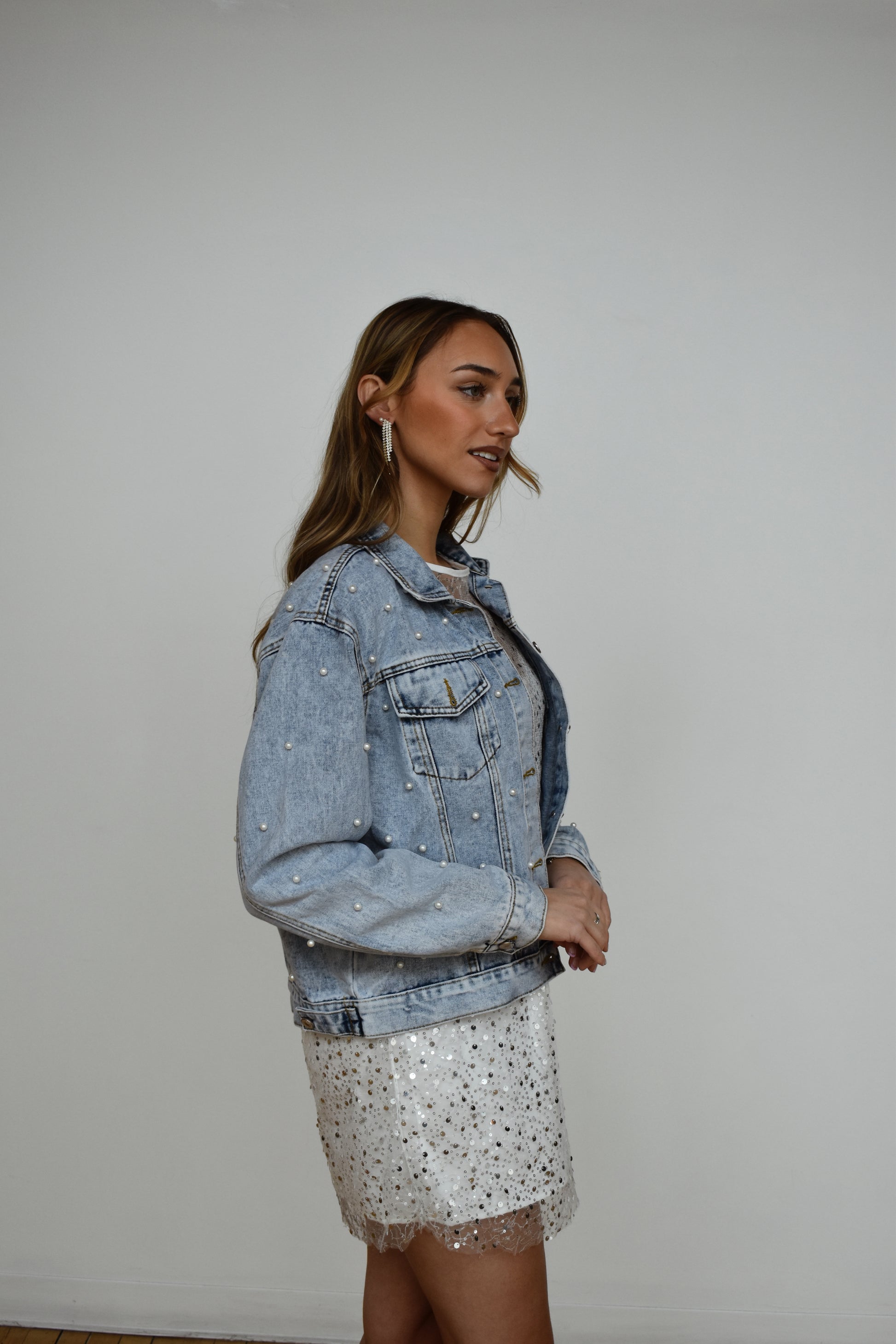 full pearl jean jacket for bride on bachelorette