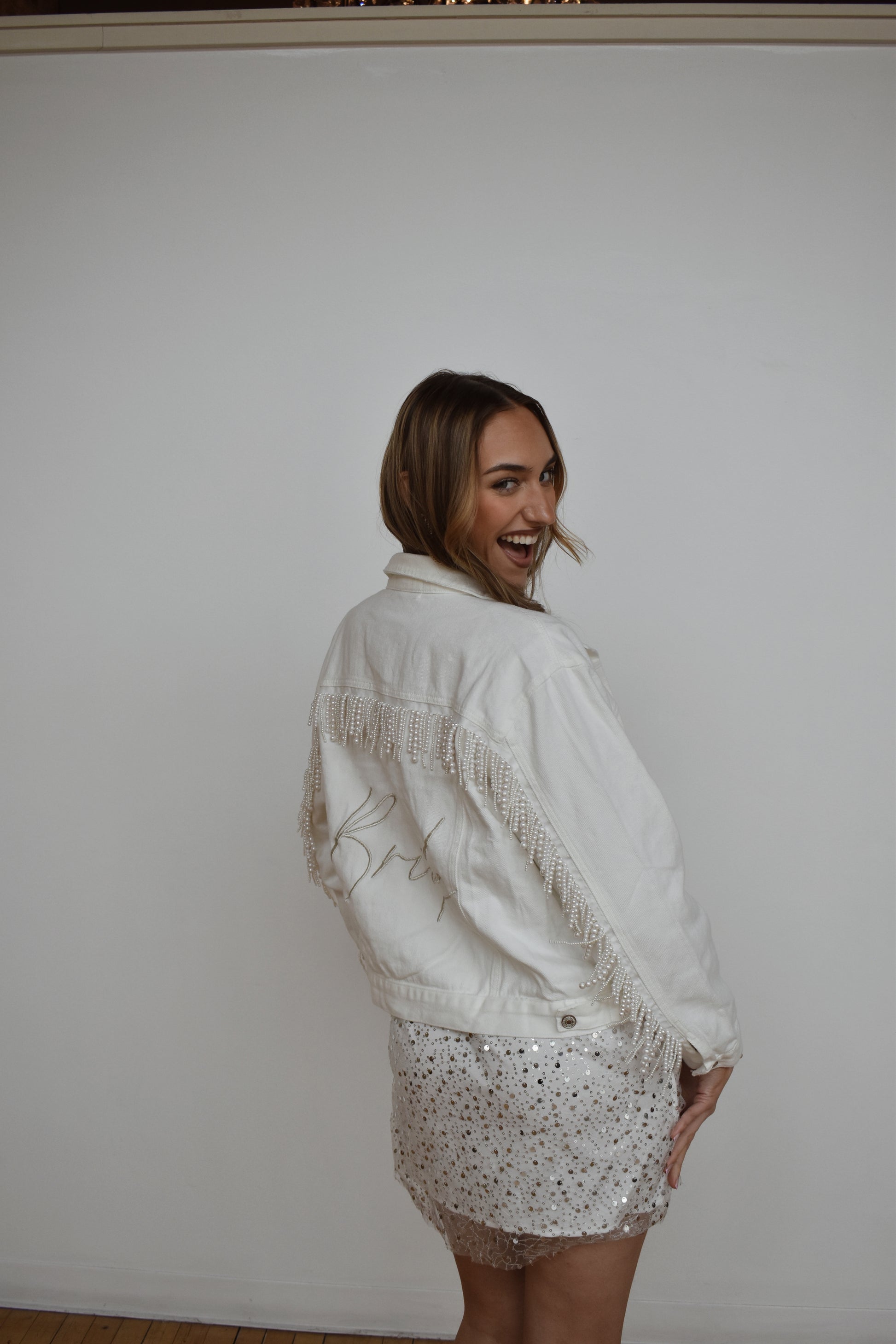 white pearl fringe jean jacket for bride