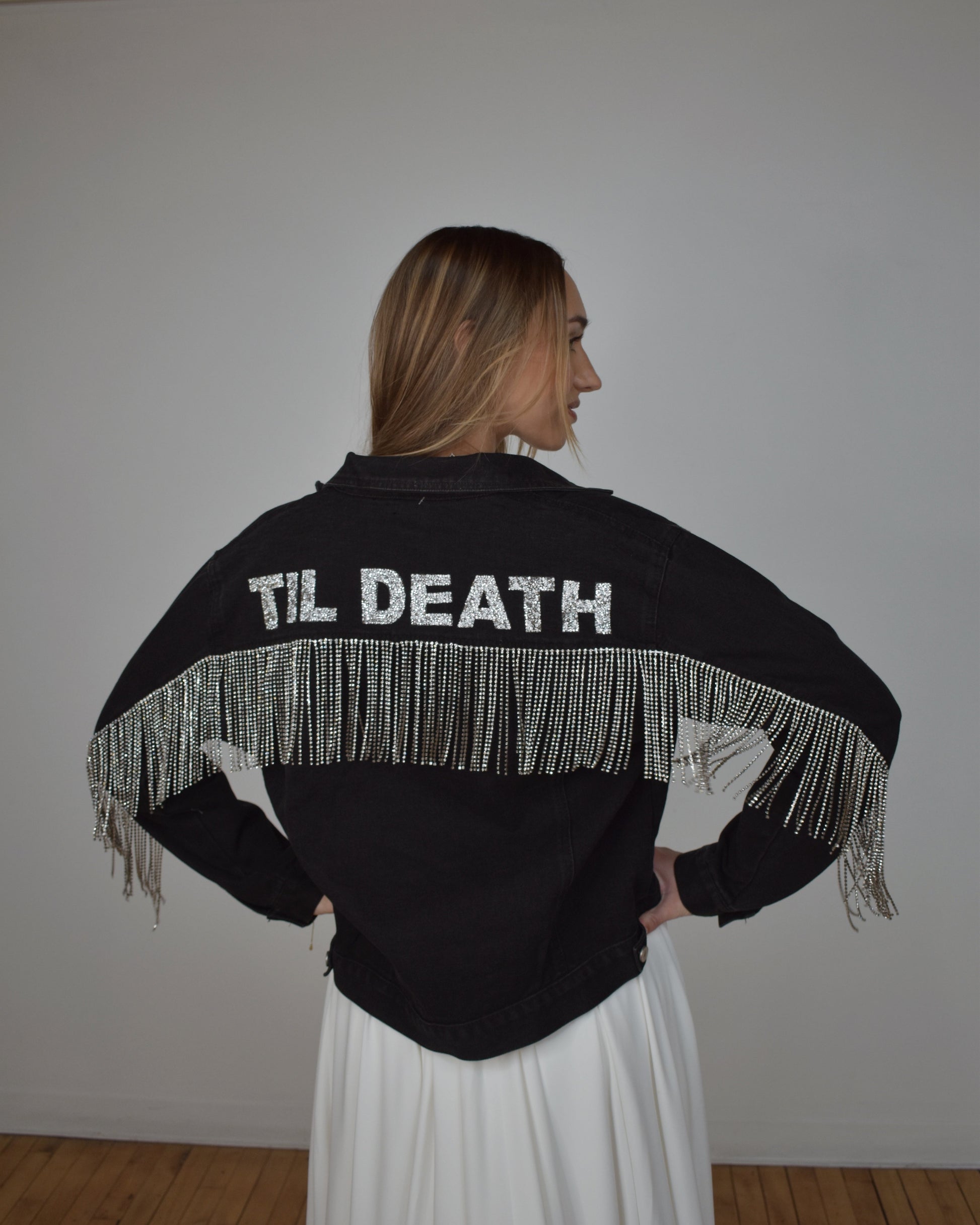 til death black denim jacket on bride