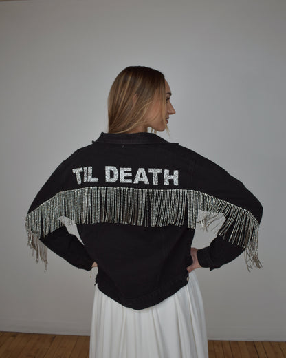 til death black denim jacket on bride