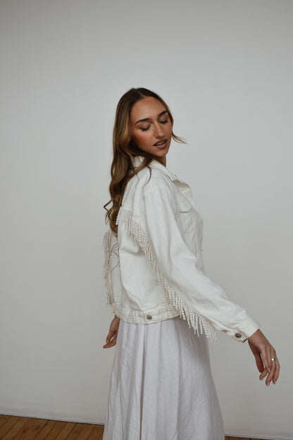 white pearl fringe jean jacket